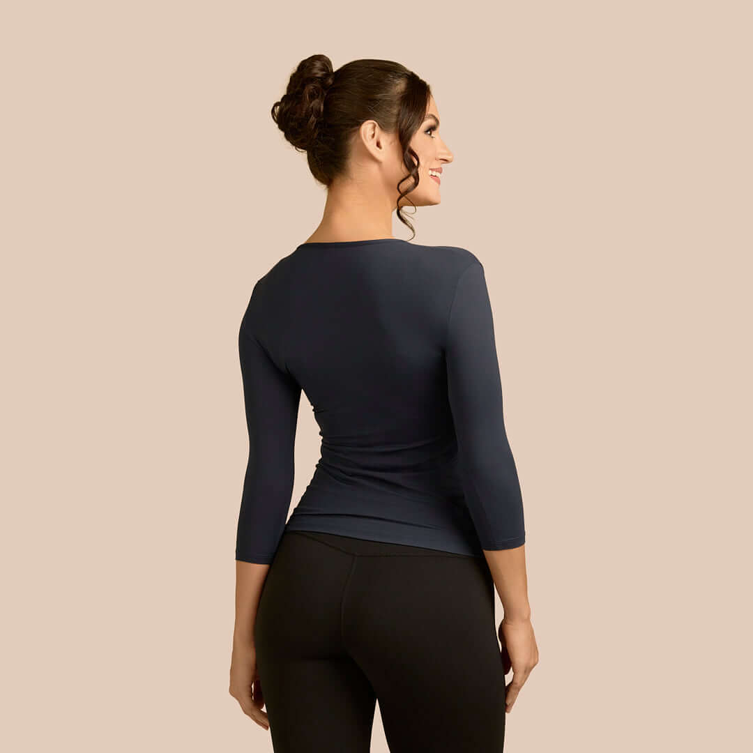 3/4 Sleeve Scoop Neck Luxury Layering Top or Shell in Dark Navy made sustainably in the USA by Adea Clothing with silky soft Italian fabric back view.