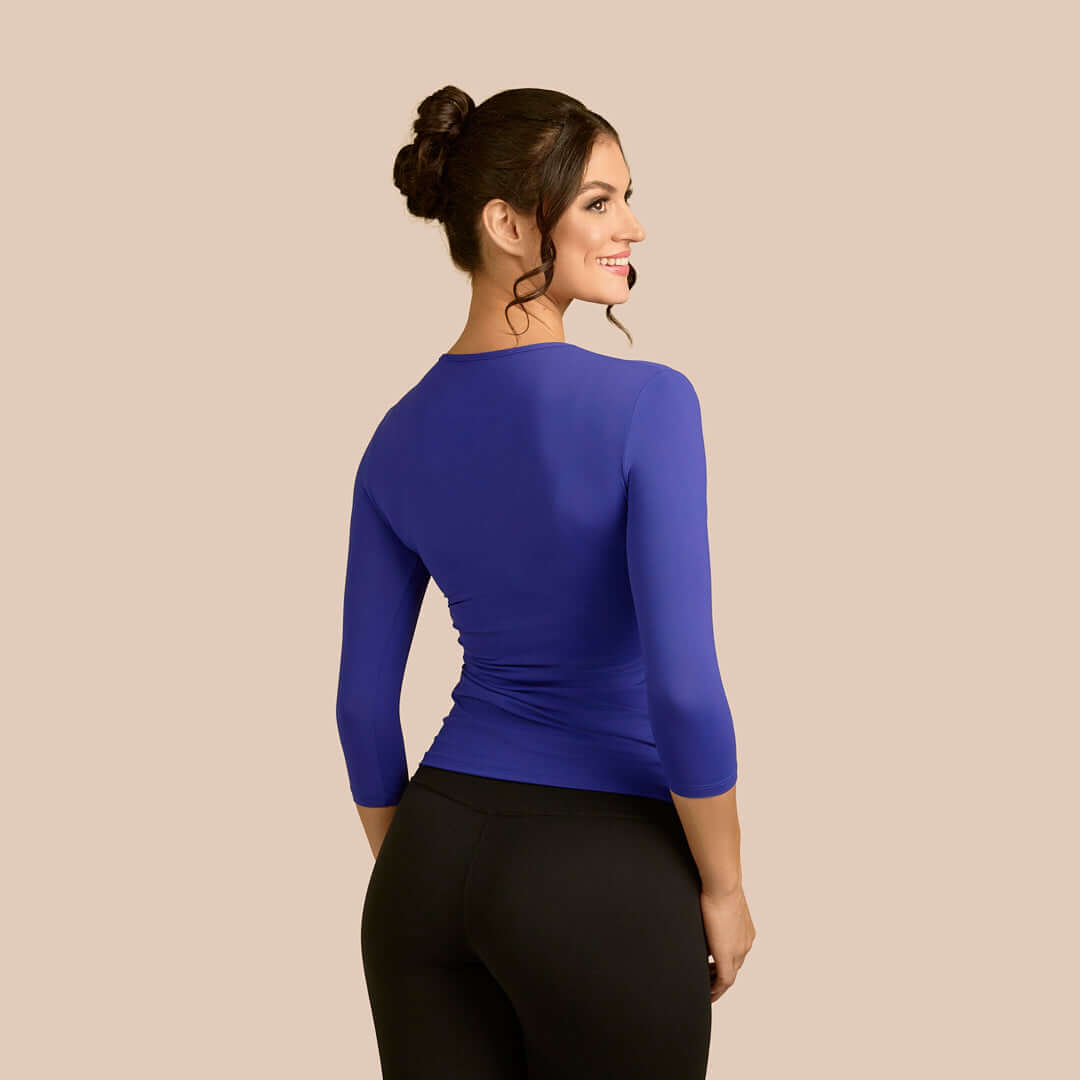 3/4 Sleeve Crew Neck Luxury Layering Top or Shell in Plum made sustainably in the USA by Adea Clothing with silky soft Italian fabric V-neck back view.