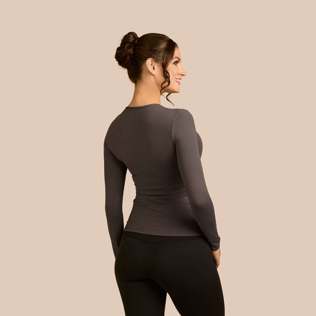Long Sleeve Crew Neck Luxury Layering Top or Shell in Charcoal made sustainably in the USA by Adea Clothing with silky soft Italian fabric back view.