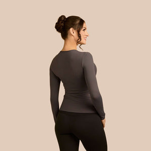 Long Sleeve Crew Neck Luxury Layering Top or Shell in Charcoal made sustainably in the USA by Adea Clothing with silky soft Italian fabric back view.