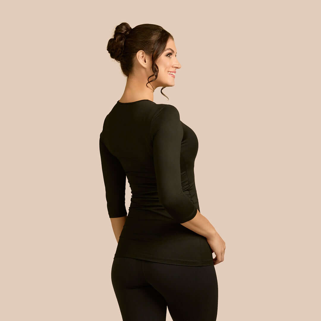 3/4 Sleeve Crew Neck Tunic Luxury Layering Top or Shell in Black made sustainably in the USA by Adea Clothing with silky soft Italian fabric back view.