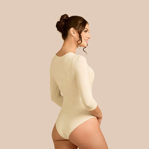 3/4 Sleeve Crew Neck Luxury Bodysuit in Off-White made sustainably in the USA by Adea Clothing with silky soft Italian fabric back view.
