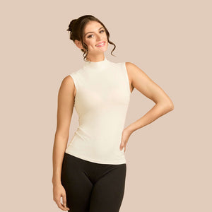 Sleeveless Mock Neck Luxury Layering Top or Shell in Off-White made sustainably in the USA by Adea Clothing with silky soft Italian fabric front view.