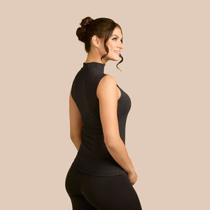 Sleeveless Mock Neck Luxury Layering Top or Shell in Black made sustainably in the USA by Adea Clothing with silky soft Italian fabric back view.