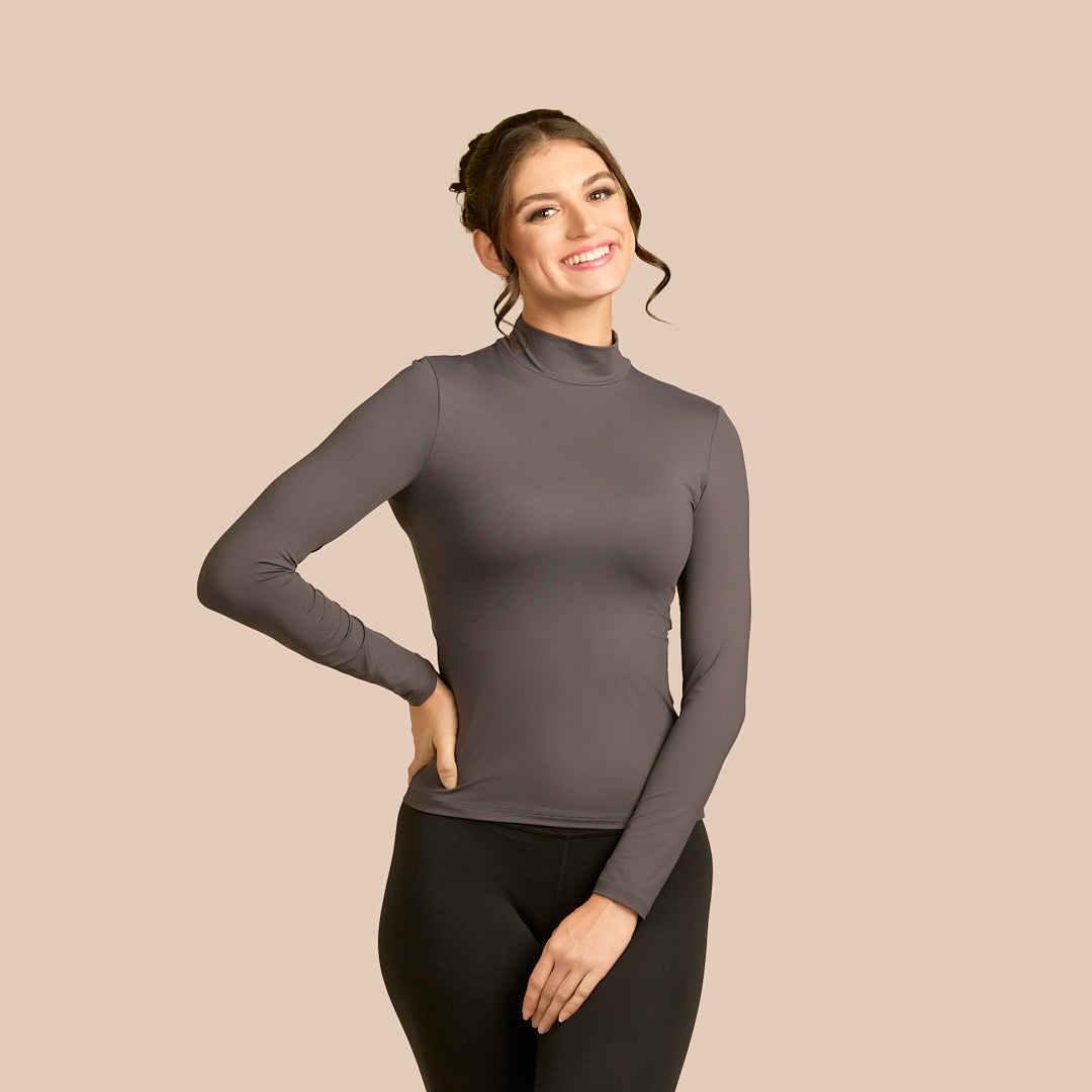 Mock Neck Long Sleeve Luxury Layering Top or Shell in Charcoal made sustainably in the USA by Adea Clothing with silky soft Italian fabric front view.