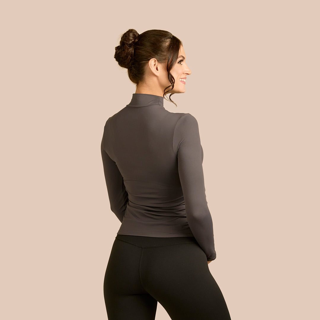 Mock Neck Long Sleeve Luxury Layering Top or Shell in Charcoal made sustainably in the USA by Adea Clothing with silky soft Italian fabric back view.