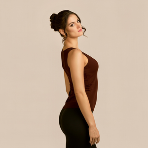 Bra-Friendly Luxury Camisole (Tank Top) in Chocolate made sustainably in the USA by Adea Clothing with silky soft Italian fabric side view.