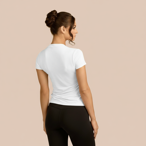 Cap Sleeve V-Neck Luxury Layering Top in White made sustainably in the USA by Adea Clothing with silky soft Italian fabric back view.