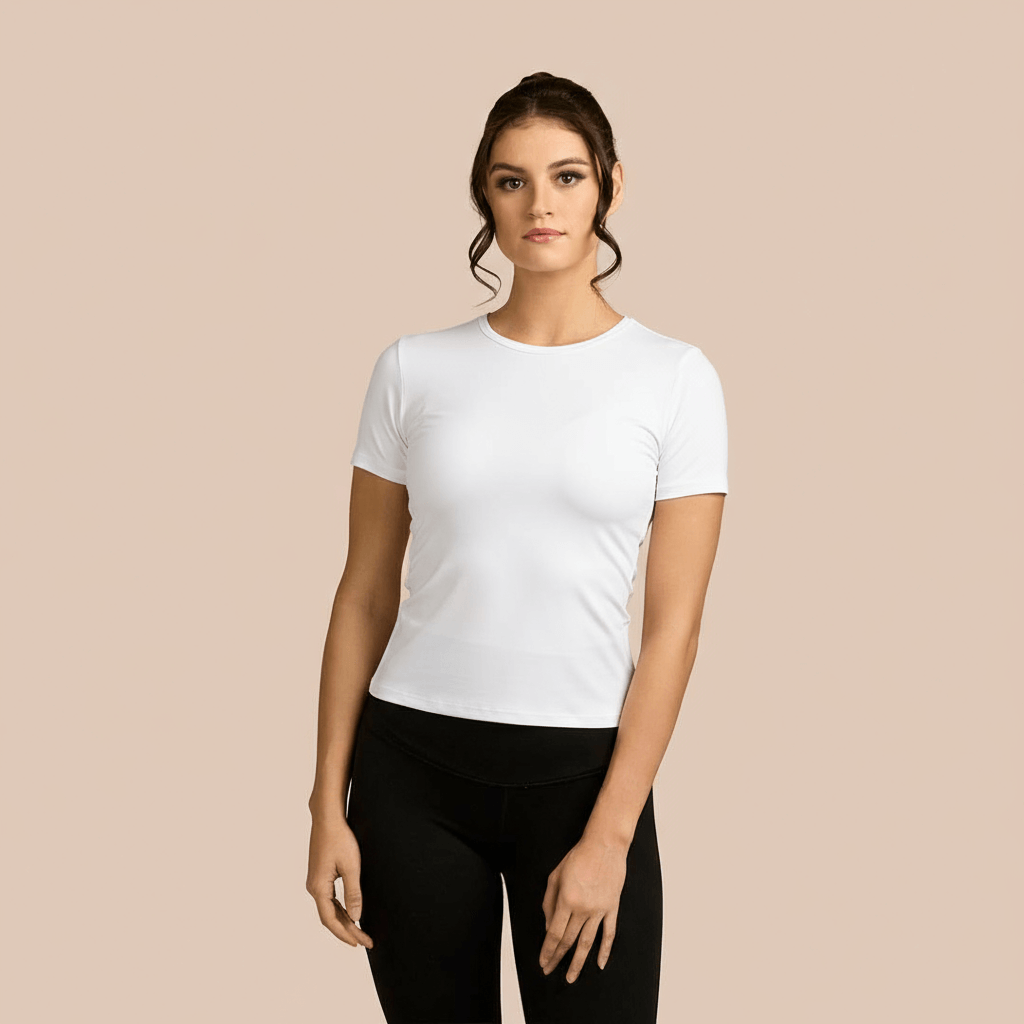 Short Sleeve Crew Neck Luxury Layering Top or Shell in White made sustainably in the USA by Adea Clothing with silky soft Italian fabric front view.