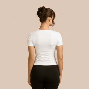 Short Sleeve Crew Neck Luxury Layering Top or Shell in White made sustainably in the USA by Adea Clothing with silky soft Italian fabric back view.