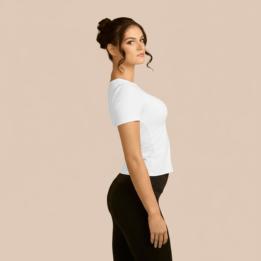 Short Sleeve Crew Neck Luxury Layering Top or Shell in White made sustainably in the USA by Adea Clothing with silky soft Italian fabric side view.
