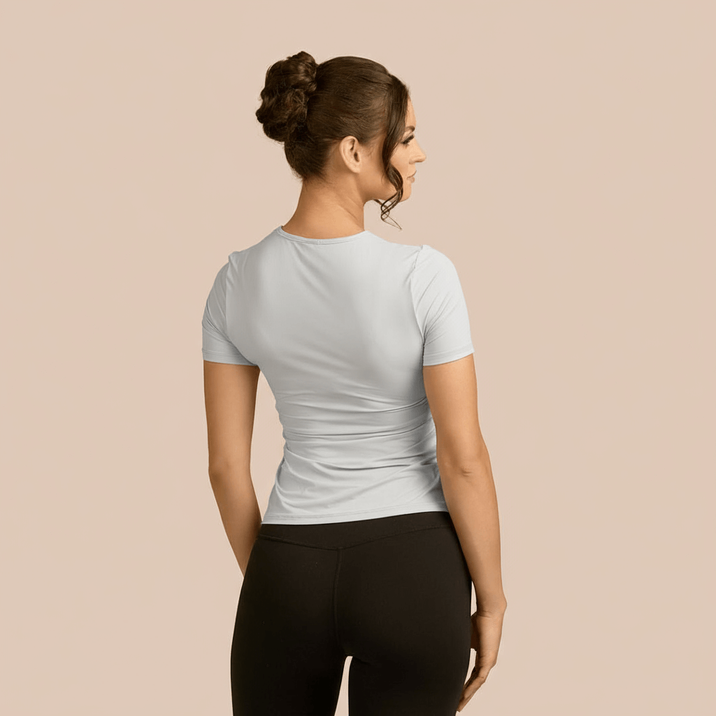 Short Sleeve Crew Neck Luxury Layering Top or Shell in Light Grey made sustainably in the USA by Adea Clothing with silky soft Italian fabric back view.