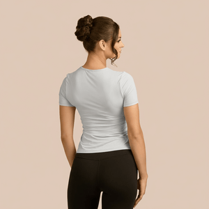 Short Sleeve Crew Neck Luxury Layering Top or Shell in Light Grey made sustainably in the USA by Adea Clothing with silky soft Italian fabric back view.