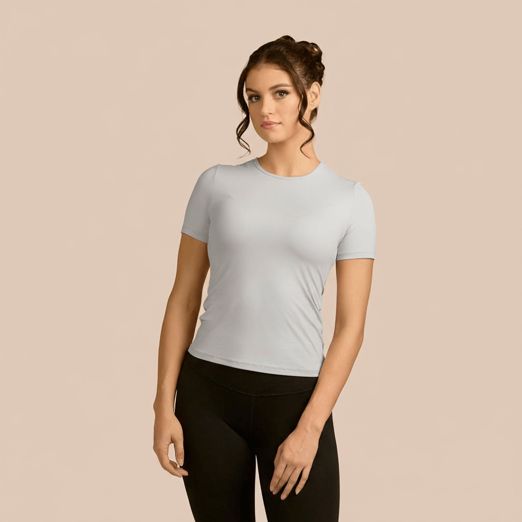 Short Sleeve Crew Neck Luxury Layering Top or Shell in Light Grey made sustainably in the USA by Adea Clothing with silky soft Italian fabric front view.