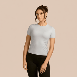 Short Sleeve Crew Neck Luxury Layering Top or Shell in Light Grey made sustainably in the USA by Adea Clothing with silky soft Italian fabric front view.