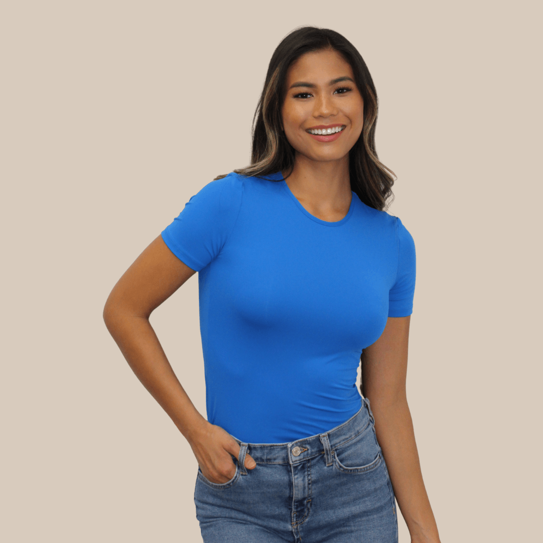 Short Sleeve Crew Neck Layering Top or Shell In Royal Blue - FINAL SALE made sustainably in the USA by Adea Clothing with silky soft Italian fabric side view.