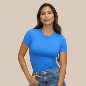 Short Sleeve Crew Neck Layering Top or Shell In Royal Blue - FINAL SALE made sustainably in the USA by Adea Clothing with silky soft Italian fabric side view.