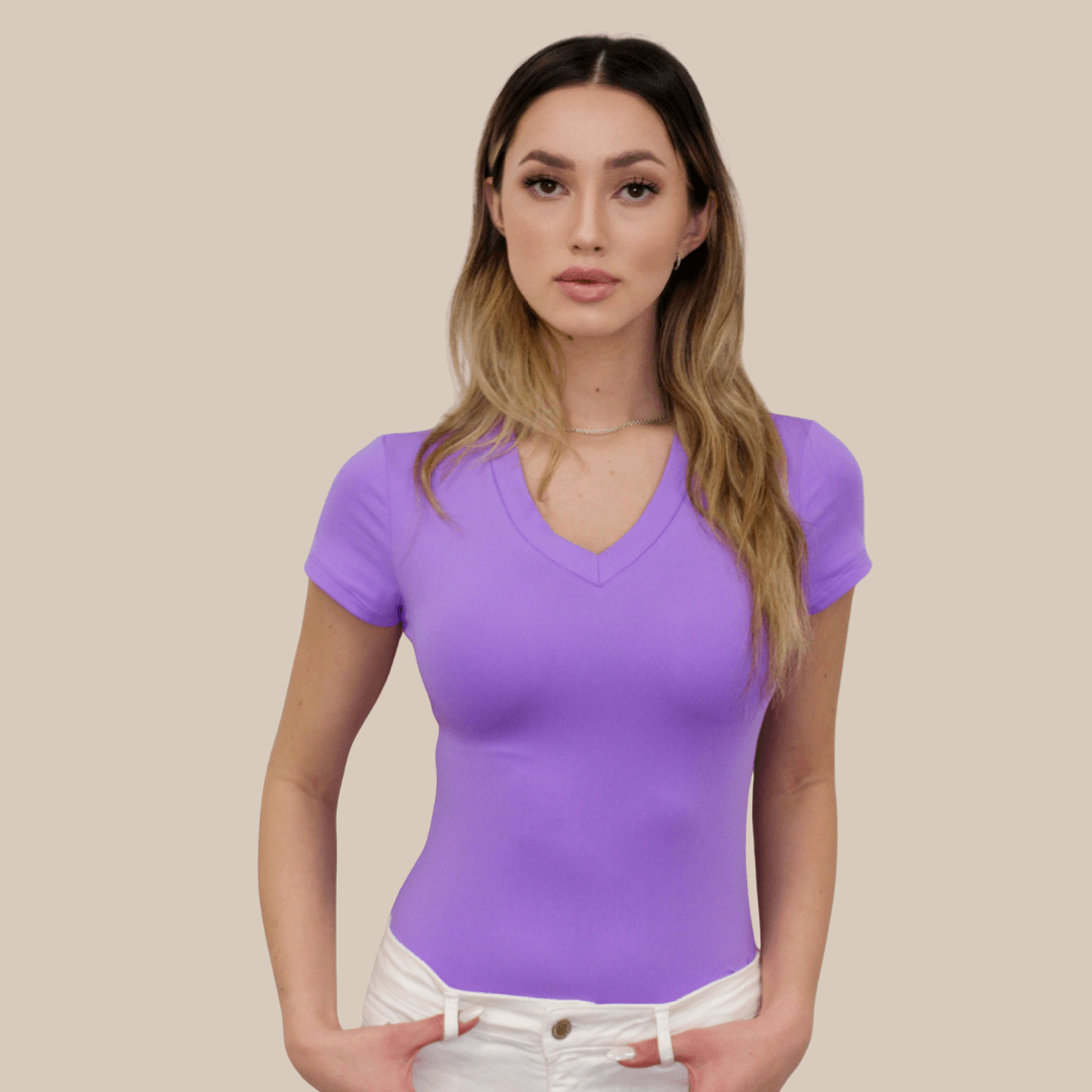 Cap Sleeve V-Neck Layering Top or Shell In Lavender - FINAL SALE made sustainably in the USA by Adea Clothing with silky soft Italian fabric front view.