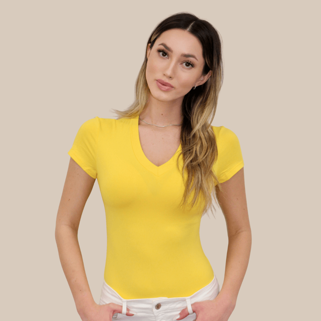 Cap Sleeve V-Neck Layering Top or Shell in Yellow - FINAL SALE made sustainably in the USA by Adea Clothing with silky soft Italian fabric front view.