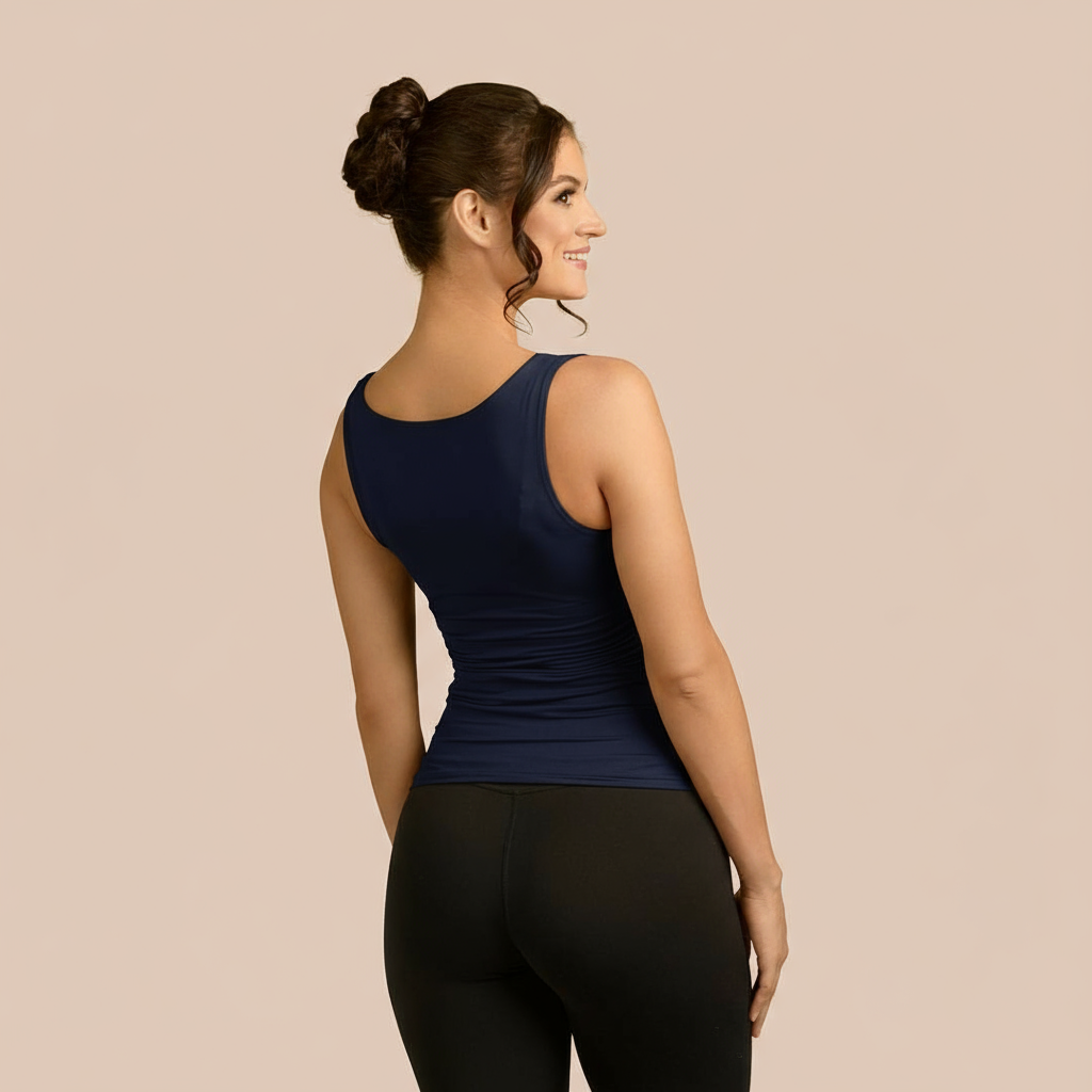 Double Layer Luxury Tank Top in Dark Navy made sustainably in the USA by Adea Clothing with silky soft Italian fabric back view.