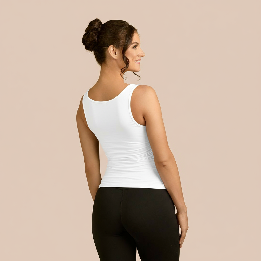 Double Layer Luxury Tank Top in White made sustainably in the USA by Adea Clothing with silky soft Italian fabric back view.