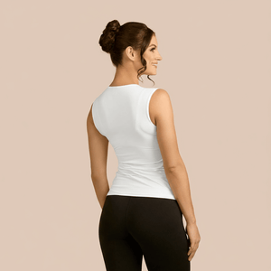 Sleeveless Crew Neck Luxury Layering Top or Shell in White made sustainably in the USA by Adea Clothing with silky soft Italian fabric back view.