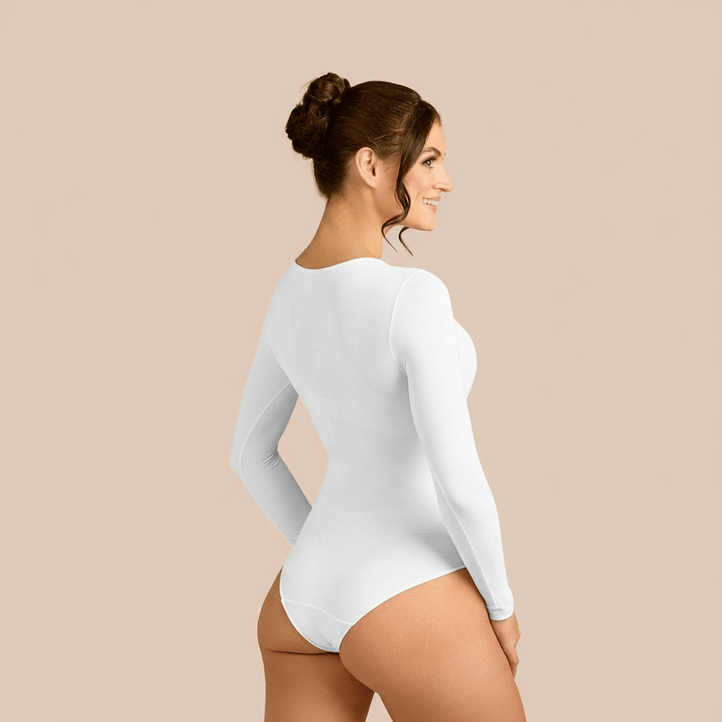 Long Sleeve Crew Neck Luxury Bodysuit in White made sustainably in the USA by Adea Clothing with silky soft Italian fabric back view.