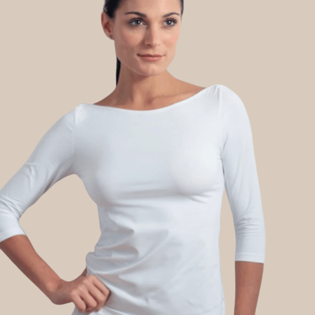 3/4 Sleeve Boatneck Layering Top or Shell in White - FINAL SALE made sustainably in the USA by Adea Clothing with silky soft Italian fabric front view.