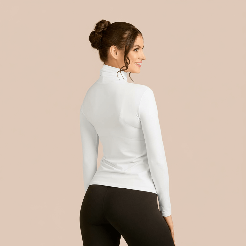 Long Sleeve Turtleneck Luxury Layering Top or Shell in White made sustainably in the USA by Adea Clothing with silky soft Italian fabric back view.