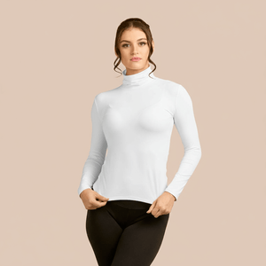 Long Sleeve Turtleneck Luxury Layering Top or Shell in White made sustainably in the USA by Adea Clothing with silky soft talian fabric front view.