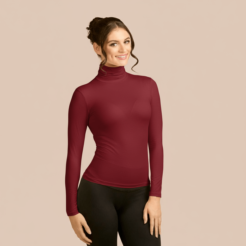 Plus Size Long Sleeve Turtleneck Layering Top in Oxblood- FINAL SALE made sustainably in the USA by Adea Clothing with silky soft Italian fabric front view.