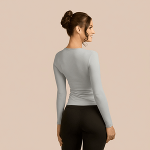 Long Sleeve Scoop Neck Luxury Layering Top or Shell in Light Grey made sustainably in the USA by Adea Clothing with silky soft Italian fabric back view.