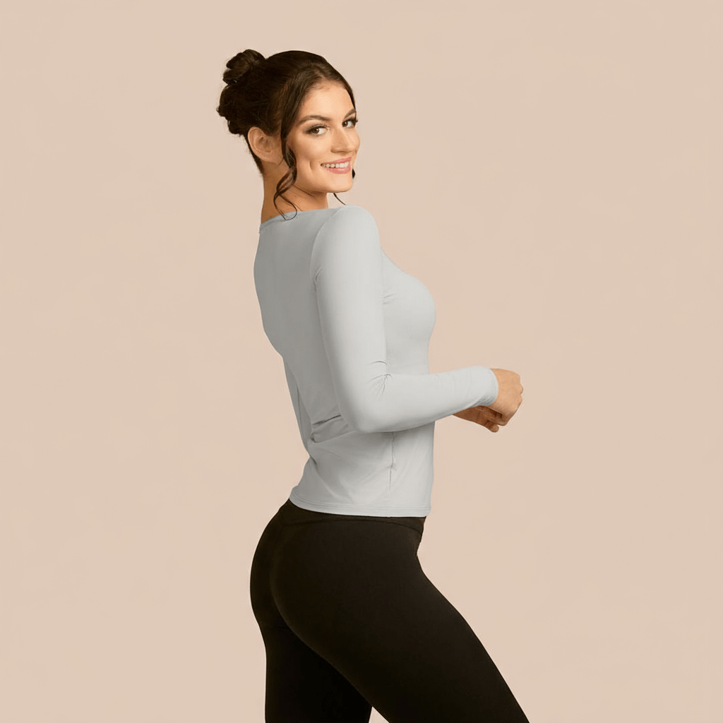 Long Sleeve Scoop Neck Luxury Layering Top or Shell in Light Grey made sustainably in the USA by Adea Clothing with silky soft Italian fabric side view.