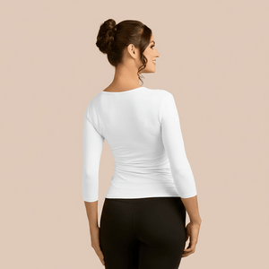 3/4 Sleeve Scoop Neck Luxury Layering Top or Shell in White made sustainably in the USA by Adea Clothing with silky soft Italian fabric Back view.