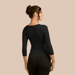3/4 Sleeve Scoop Neck Luxury Layering Top or Shell in Black made sustainably in the USA by Adea Clothing with silky soft Italian fabric back view.