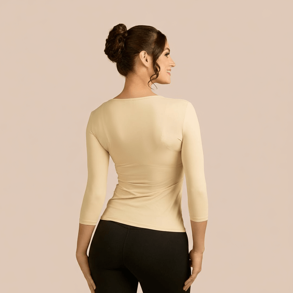 3/4 Sleeve Scoop Neck Luxury Layering Top or Shell in Khaki made sustainably in the USA by Adea Clothing with silky soft Italian fabric back view.