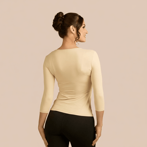 3/4 Sleeve Scoop Neck Luxury Layering Top or Shell in Khaki made sustainably in the USA by Adea Clothing with silky soft Italian fabric back view.