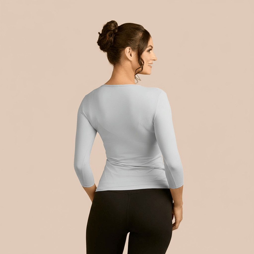 3/4 Sleeve Scoop Neck Luxury Layering Top or Shell in Light Grey made sustainably in the USA by Adea Clothing with silky soft Italian fabric back view.