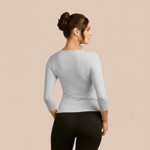 3/4 Sleeve Scoop Neck Luxury Layering Top or Shell in Light Grey made sustainably in the USA by Adea Clothing with silky soft Italian fabric back view.