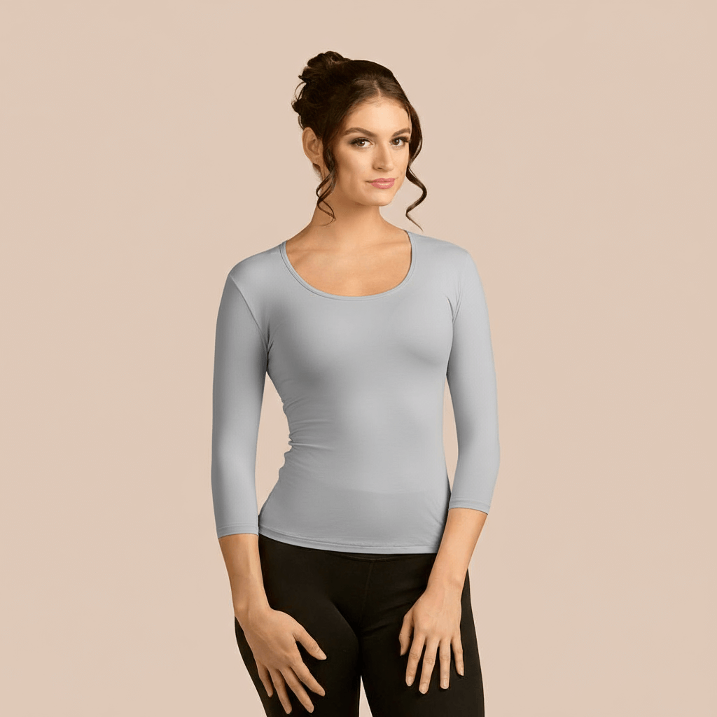 3/4 Sleeve Scoop Neck Luxury Layering Top or Shell in Light Grey made sustainably in the USA by Adea Clothing with silky soft Italian fabric front view.
