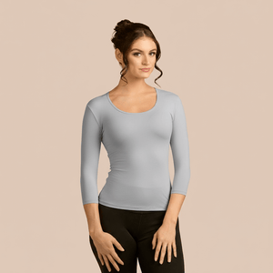 3/4 Sleeve Scoop Neck Luxury Layering Top or Shell in Light Grey made sustainably in the USA by Adea Clothing with silky soft Italian fabric front view.