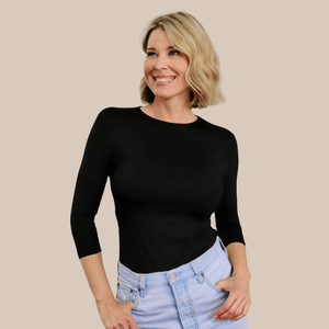 3/4 Sleeve Crew Neck Luxury Layering Top or Shell in Black made sustainably in the USA by Adea Clothing with silky soft Italian fabric V-neck front view.