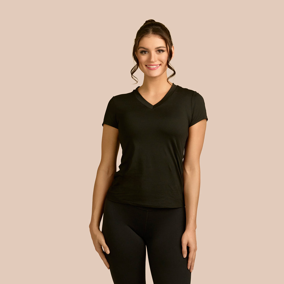 Cap Sleeve V-Neck Luxury Layering Top in Black made sustainably in the USA by Adea Clothing with silky soft Italian fabric front view.
