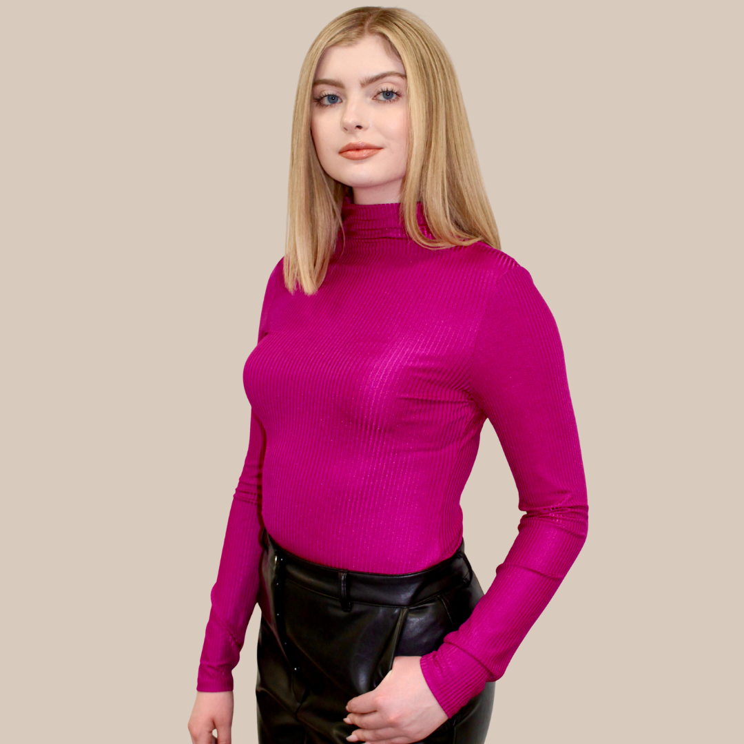 Shine Rib High Neck Layering Top In Violet - FINAL SALE made sustainably in the USA by Adea Clothing with silky soft Italian fabric side view.