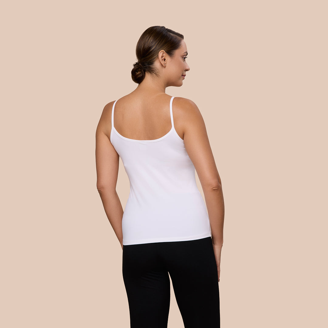 Spaghetti Strap Luxury Camisole in White made sustainably in the USA by Adea Clothing with silky soft Italian fabric back view