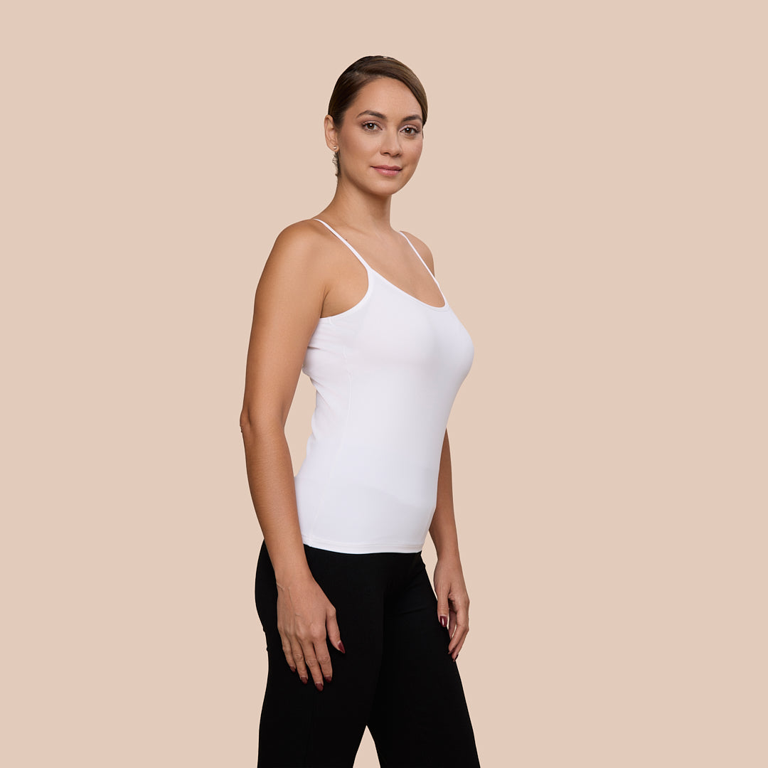 Spaghetti Strap Luxury Camisole in White made sustainably in the USA by Adea Clothing with silky soft Italian fabric side veiw