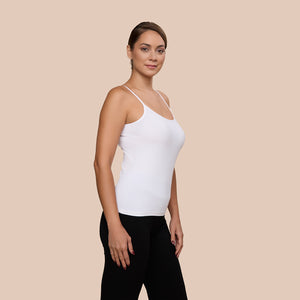 Spaghetti Strap Luxury Camisole in White made sustainably in the USA by Adea Clothing with silky soft Italian fabric side veiw