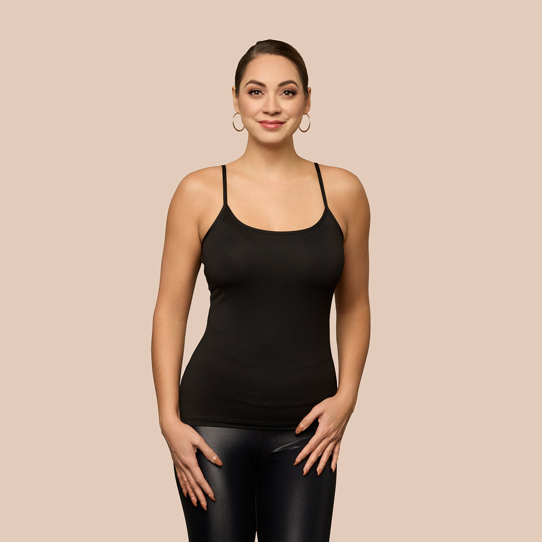 Spaghetti Strap Luxury Camisole in Black made sustainably in the USA by Adea Clothing with silky soft Italian fabric front view