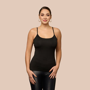 Spaghetti Strap Luxury Camisole in Black made sustainably in the USA by Adea Clothing with silky soft Italian fabric front view