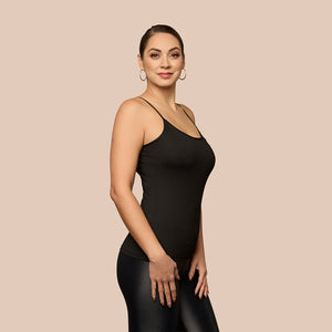 Spaghetti Strap Luxury Camisole in Black made sustainably in the USA by Adea Clothing with silky soft Italian fabric side view